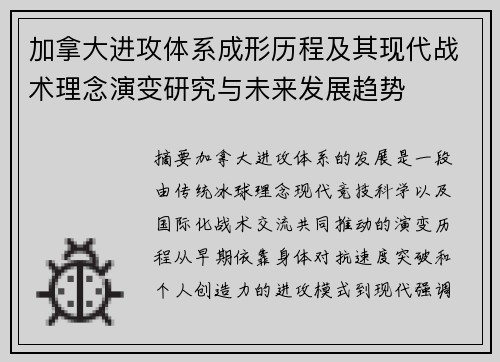 加拿大进攻体系成形历程及其现代战术理念演变研究与未来发展趋势